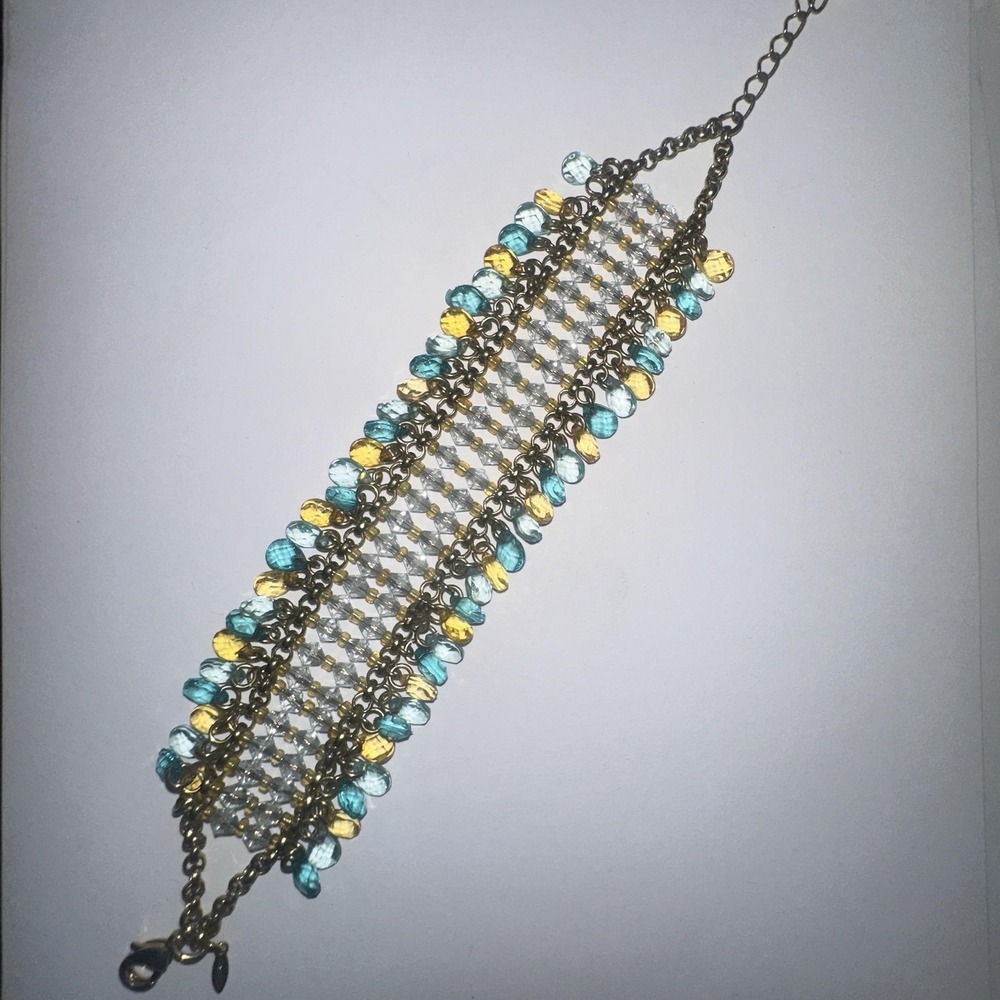 VTG Avon NR Gold Tone Multicolor Beaded Chain Wide Bracelet 7.5 Inch‎ Statement